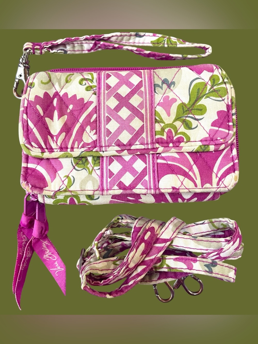 Vera Bradley Organizer Wallet w/ Crossbody Strap Fuscia Pink Green Floral